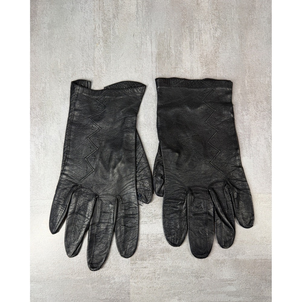 Vintage Winkelman's Black Leather Gloves Made in Italy Zigzag Stitched Women